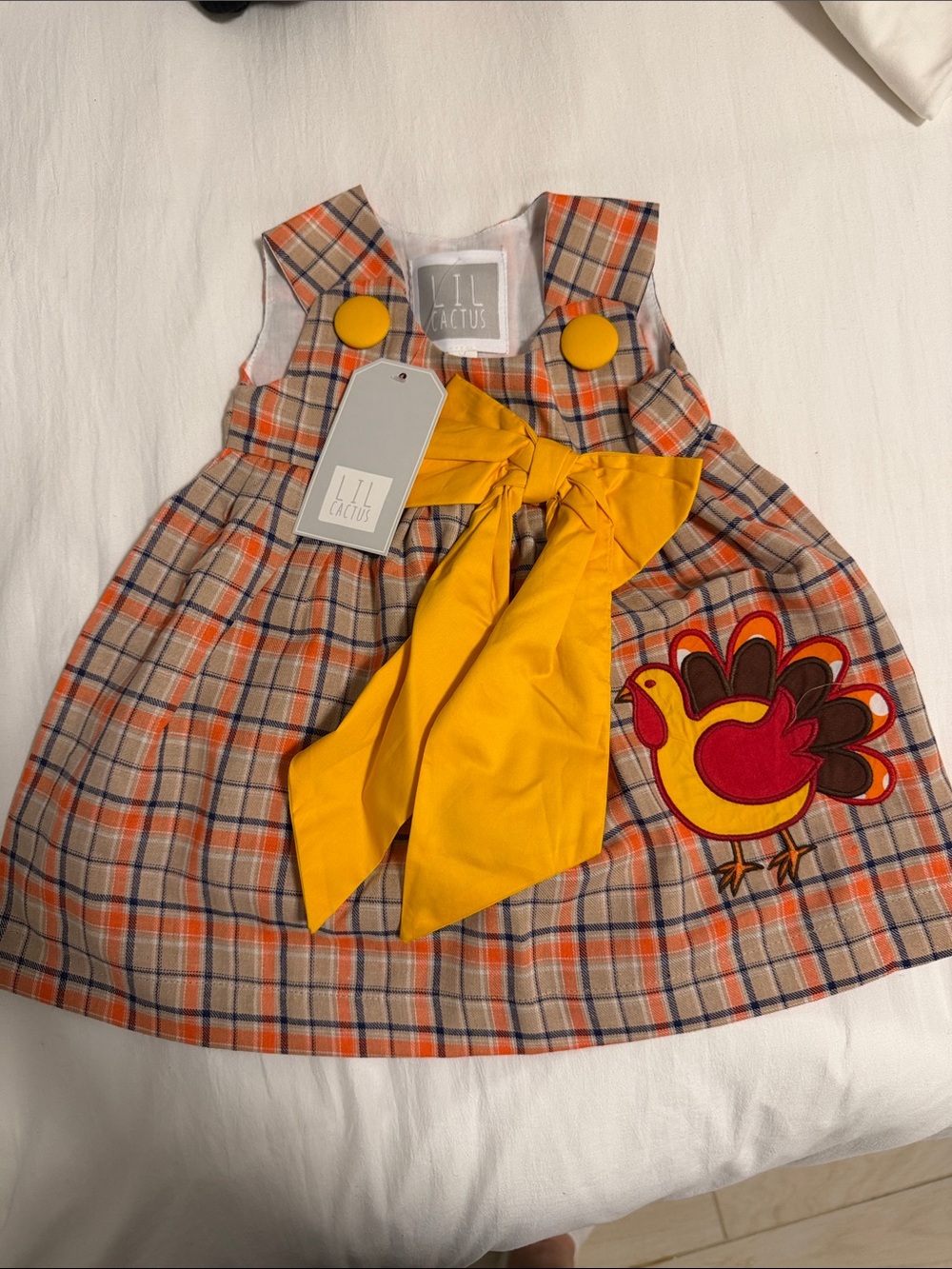 Lil Cactus Orange Plaid Dress with Yellow Bow - Thanksgiving Dress